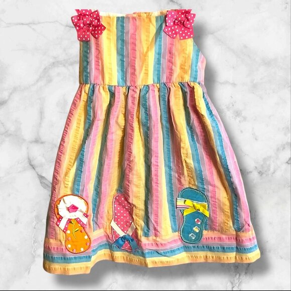 Emily Rose Seersucker Flip Flop Dress 2T Rainbow Striped With Polka Dot Bow - Picture 6 of 13
